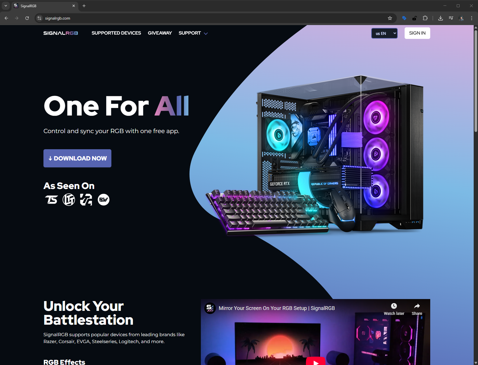 The SignalRGB website download page showing the Download Now button