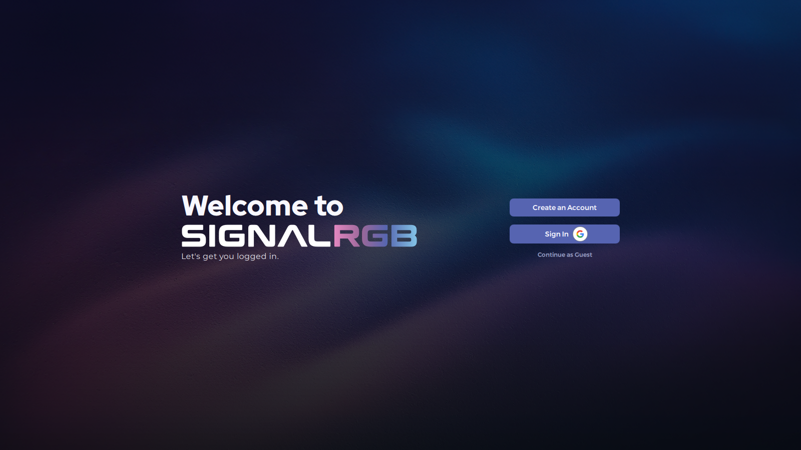 SignalRGB welcome screen with options to create an account, sign in, or continue as guest