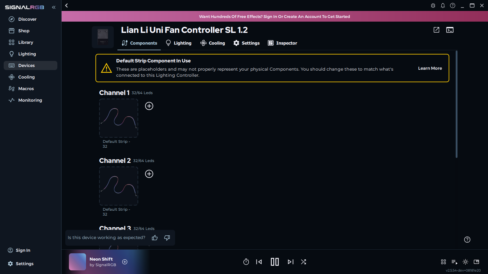 Device configuration page showing channel view with default placeholder strips