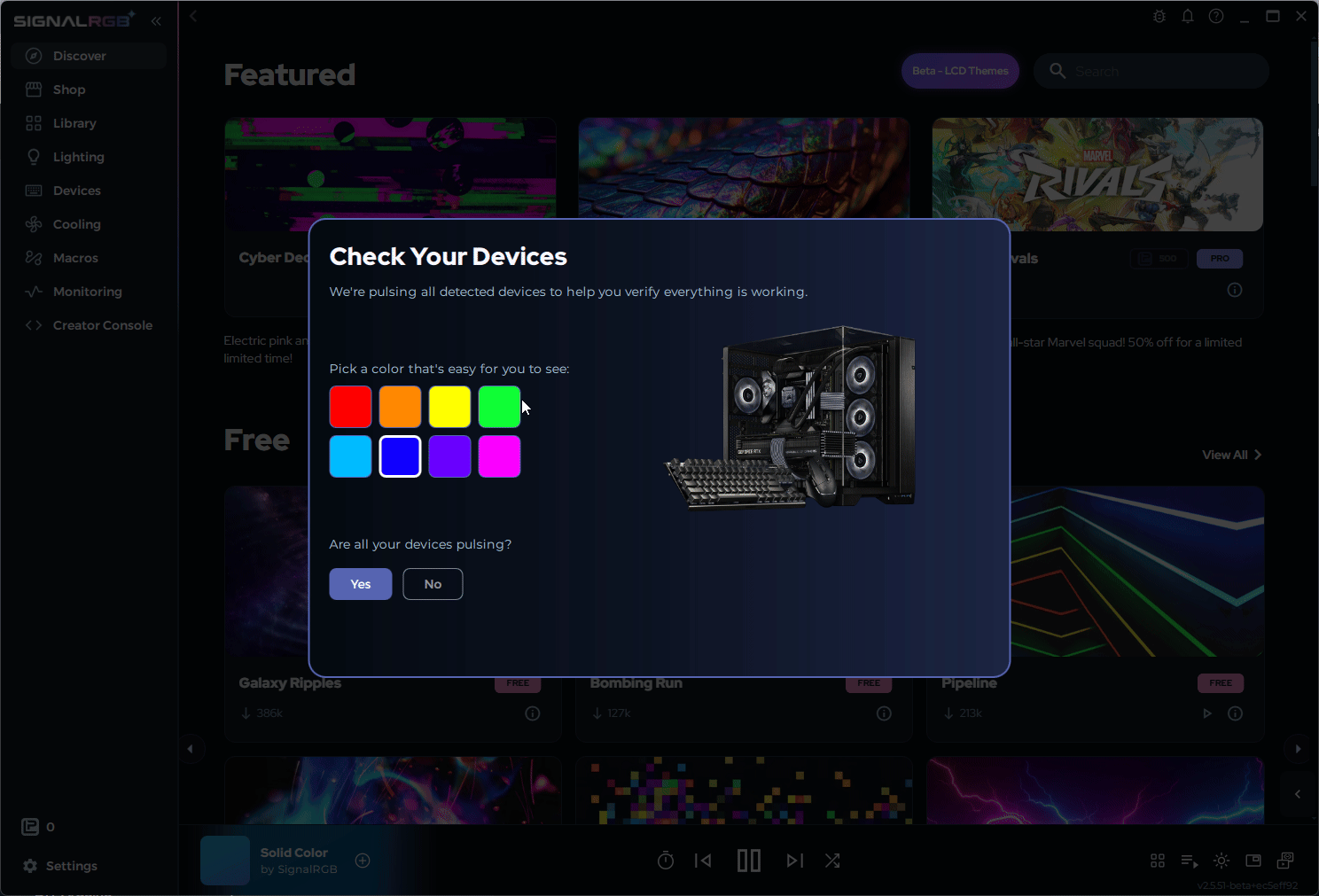 All connected devices pulsing one color to confirm detection
