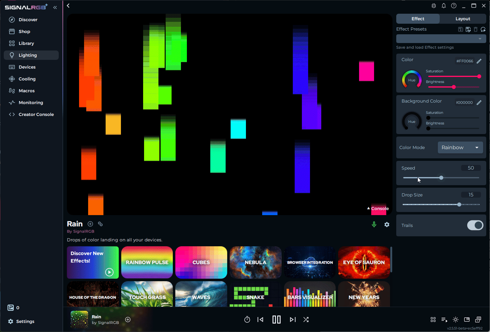 Adjusting the Rain effect settings in real time