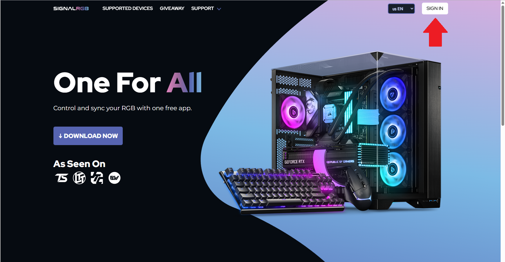 Sign In button on the SignalRGB website