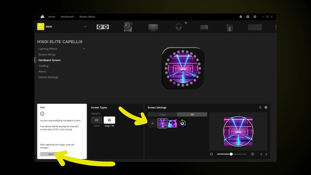Page Hardware screen d’iCUE
Source : https://www.corsair.com/pt/pt/explorer/diy-builder/cpu-coolers/how-to-make-a-gif-for-elite-lcd/