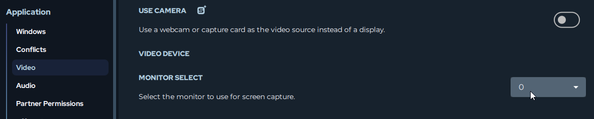 Indstillinger > Program > Video der viser dropdown til skærmvalg