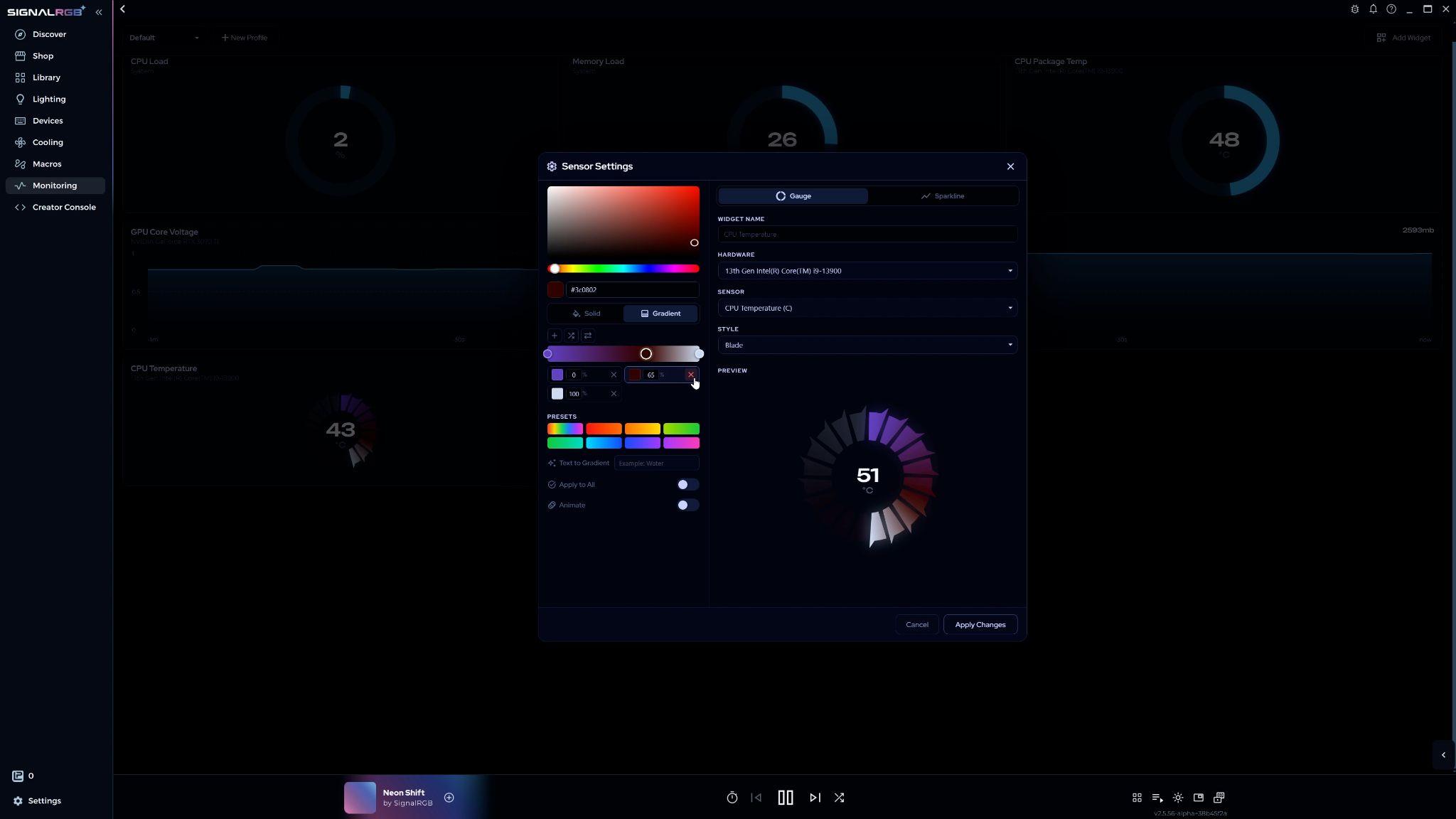 Gradient bar with multiple stops and the color adjustment panel below