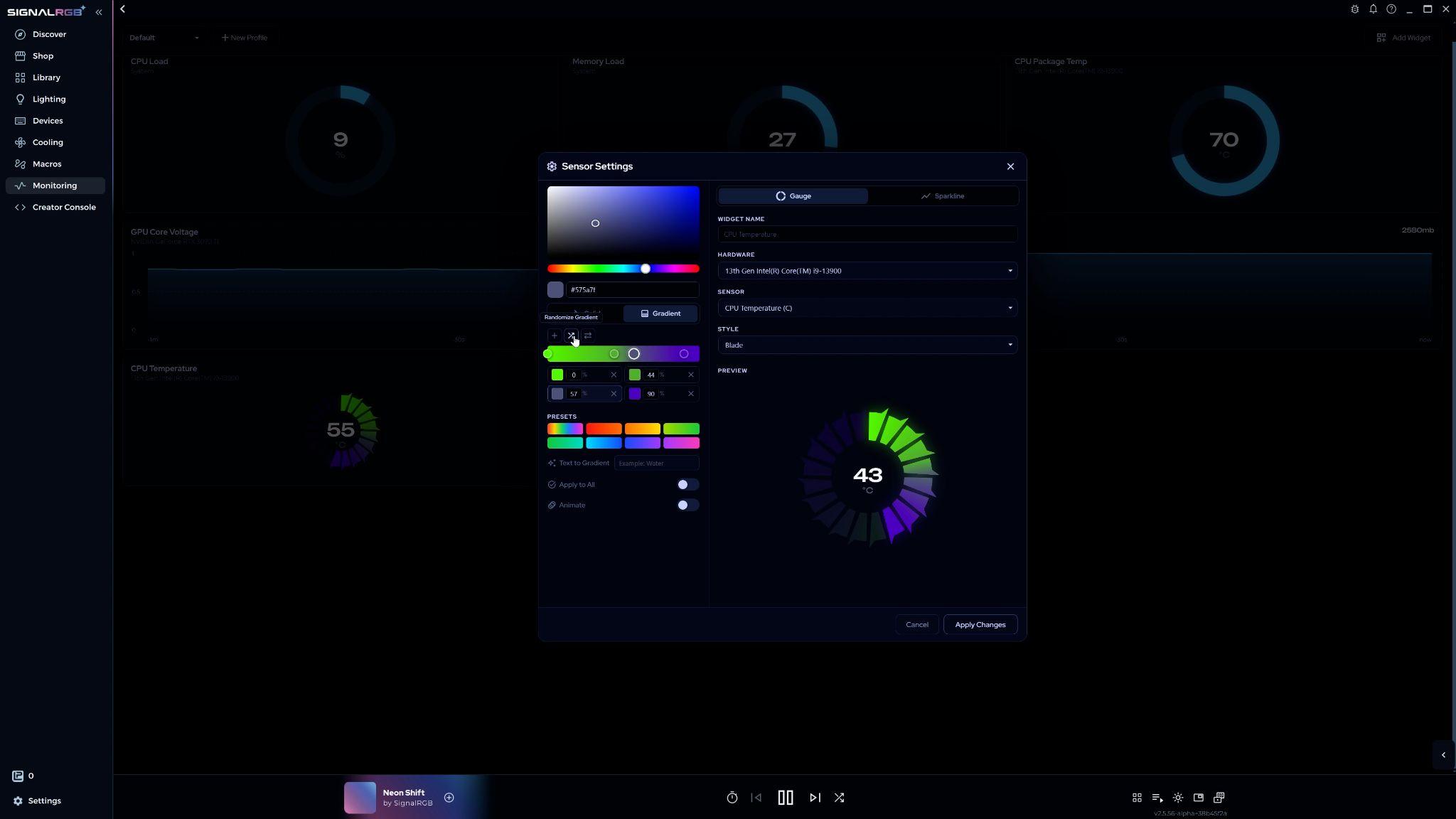 Gradient tools panel showing Randomize Gradient and Flip Gradient buttons
