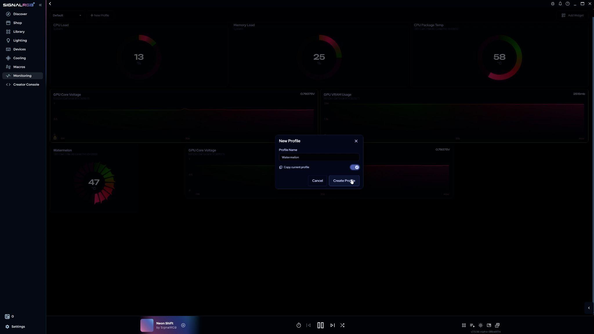 New Profile dialog asking for a name and whether to copy the current profile or start fresh