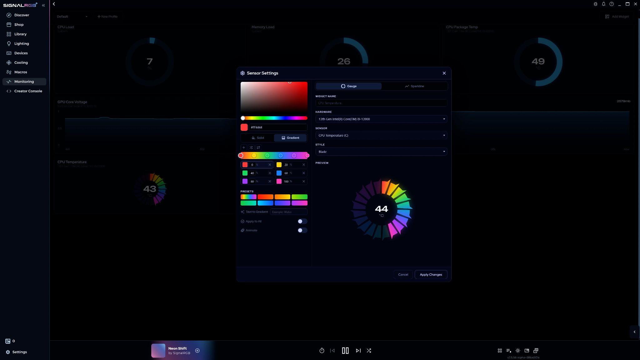 Preset gradients panel showing available gradient options
