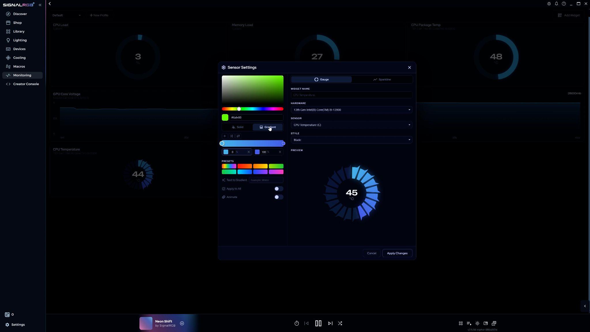 Widget color panel showing the gradient toggle and color bar