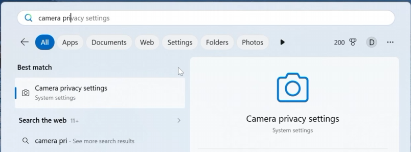 Windows search results with Camera privacy settings listed as the best match