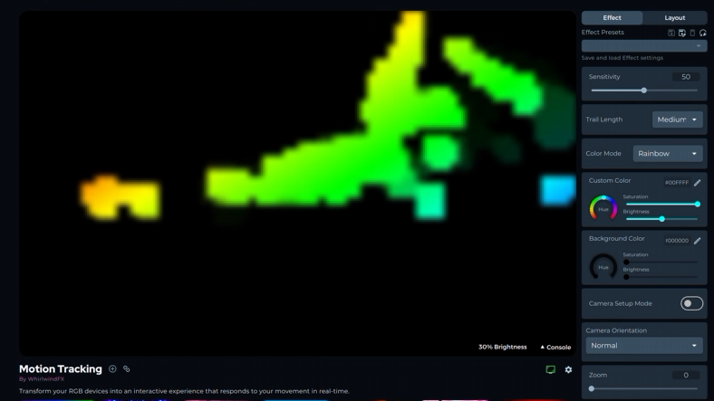 Canvas showing green and yellow splashes of color tracing a hand movement, with the effect settings panel on the right