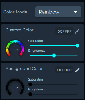 Color Mode dropdown set to Rainbow, with Custom Color and Background Color pickers below