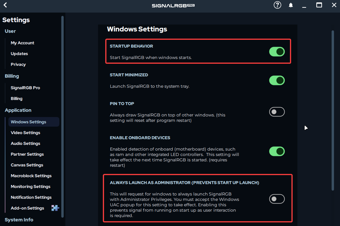 SignalRGB Windows Settings page with Startup Behavior turned on and Always Launch as Administrator turned off