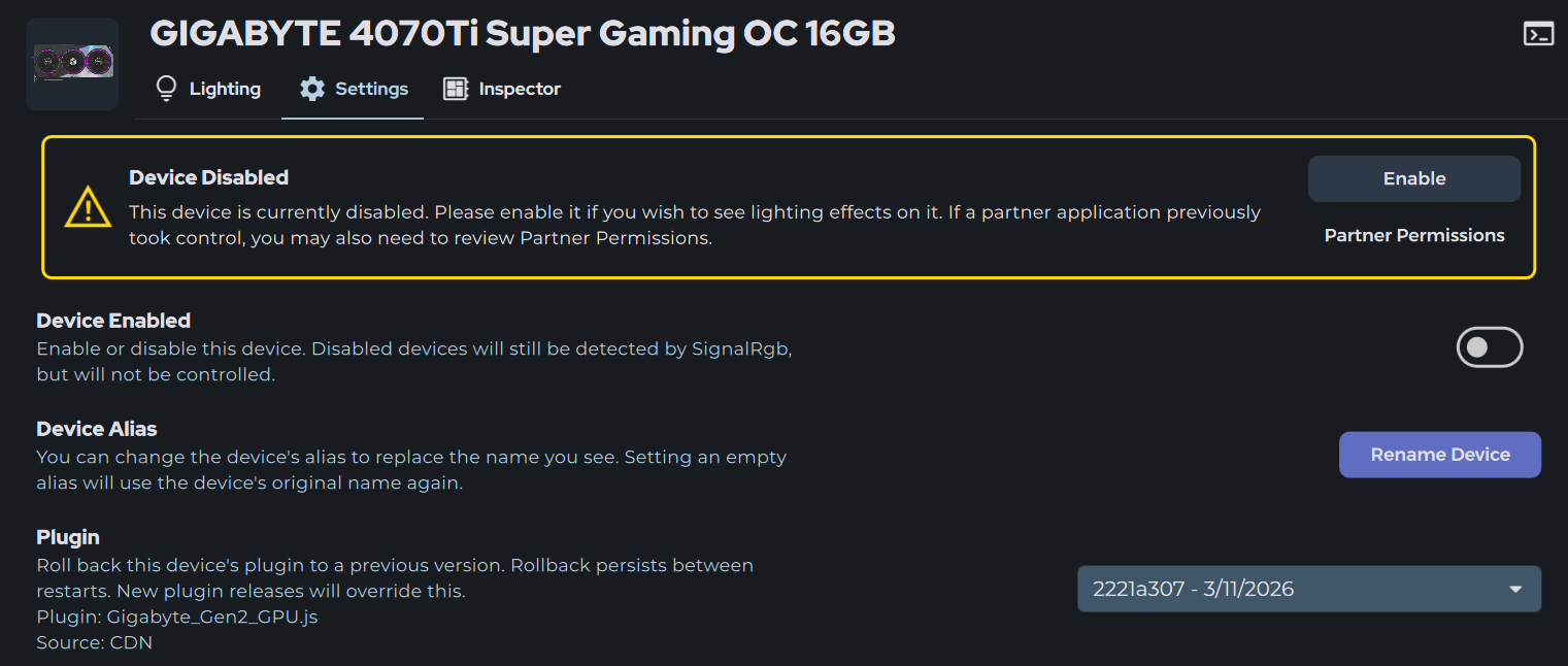 SignalRGB GPU device Settings tab with the Device Enabled toggle turned off